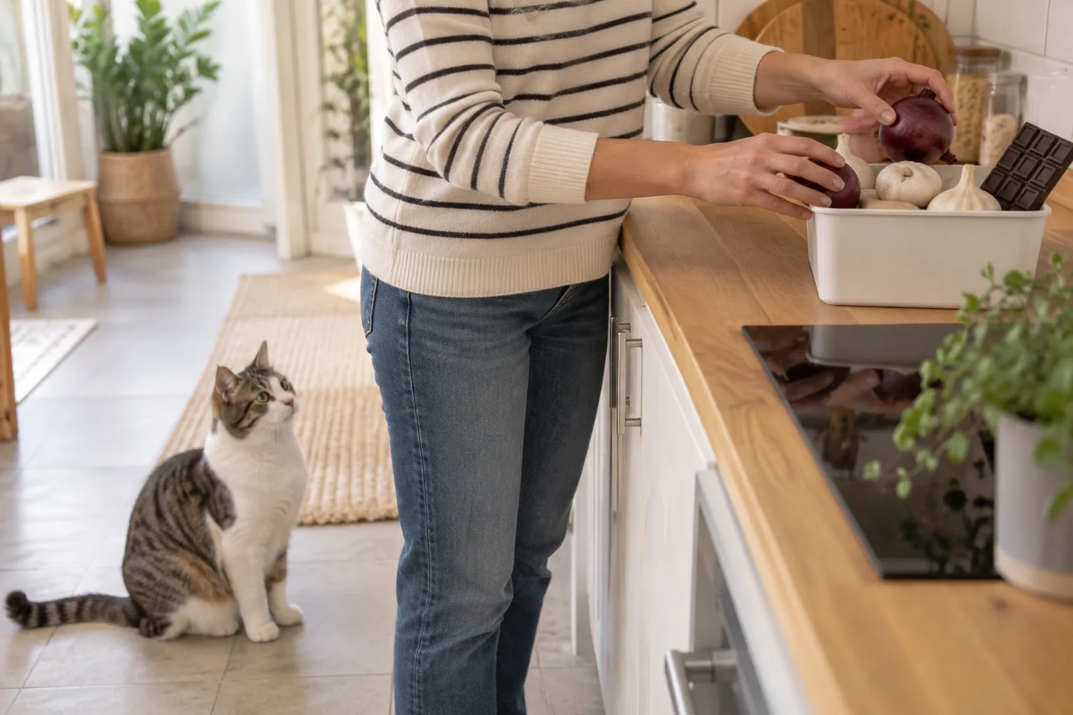 Persona retirando cebolla, ajo y chocolate para mantenerlos fuera del alcance del gato.