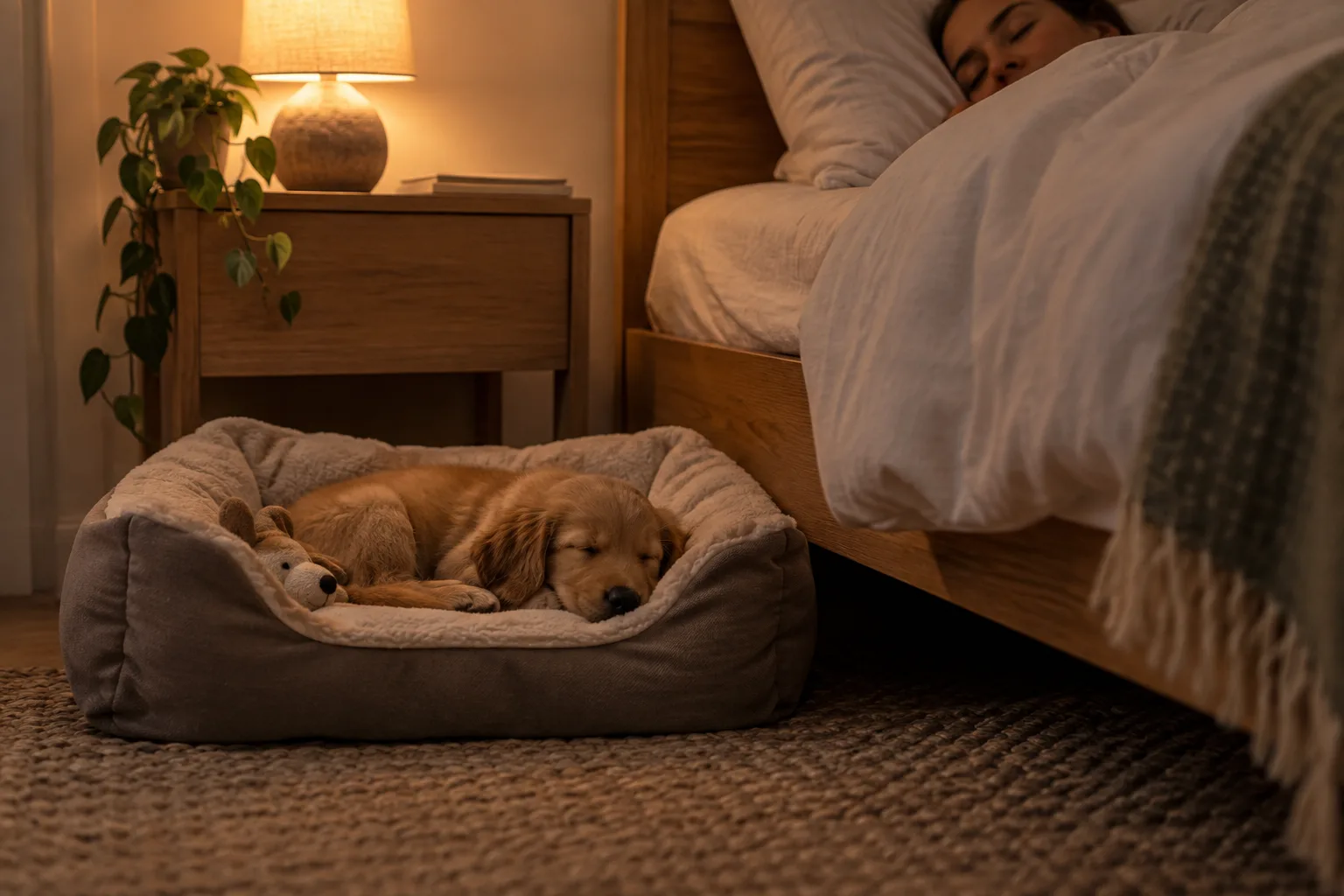 Cachorro descansando de noche en su cama cerca de su cuidador.