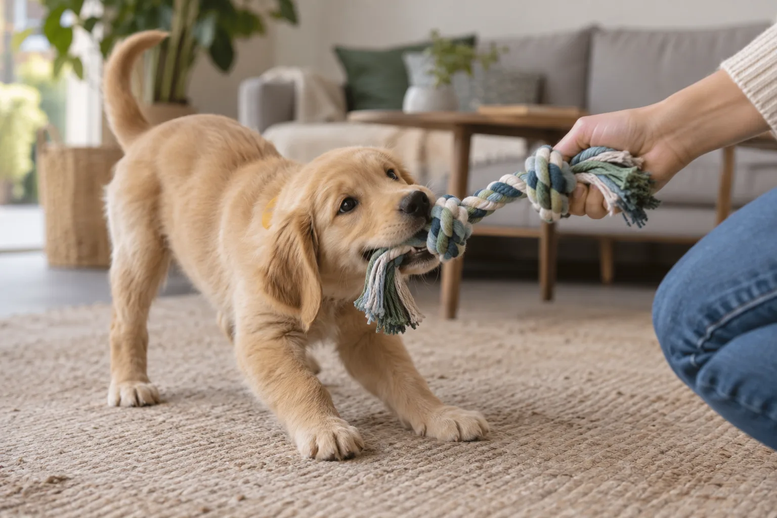Cachorro mordiendo un juguete apropiado en lugar de las manos o la ropa.