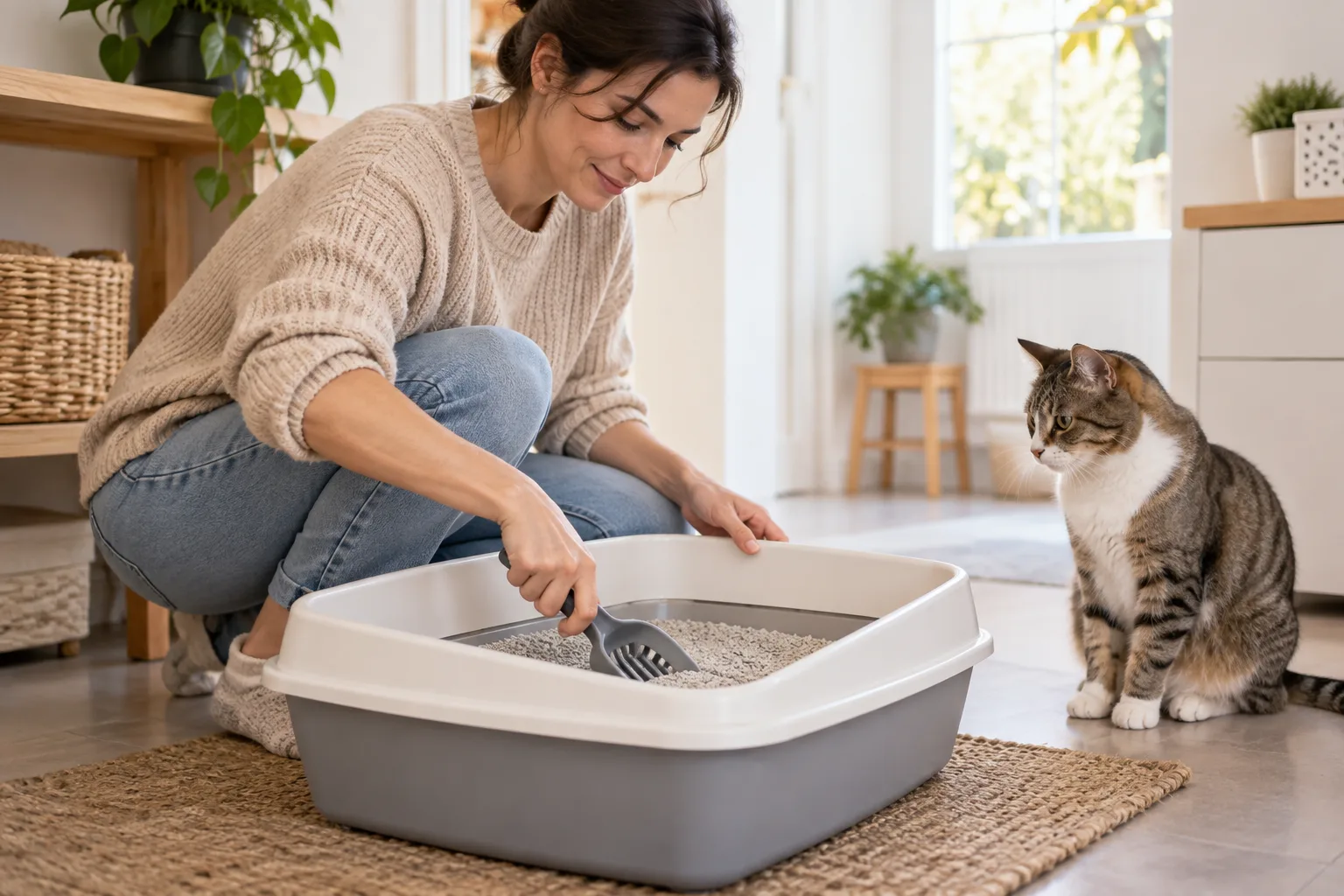 Persona limpiando el arenero mientras el gato espera cerca.