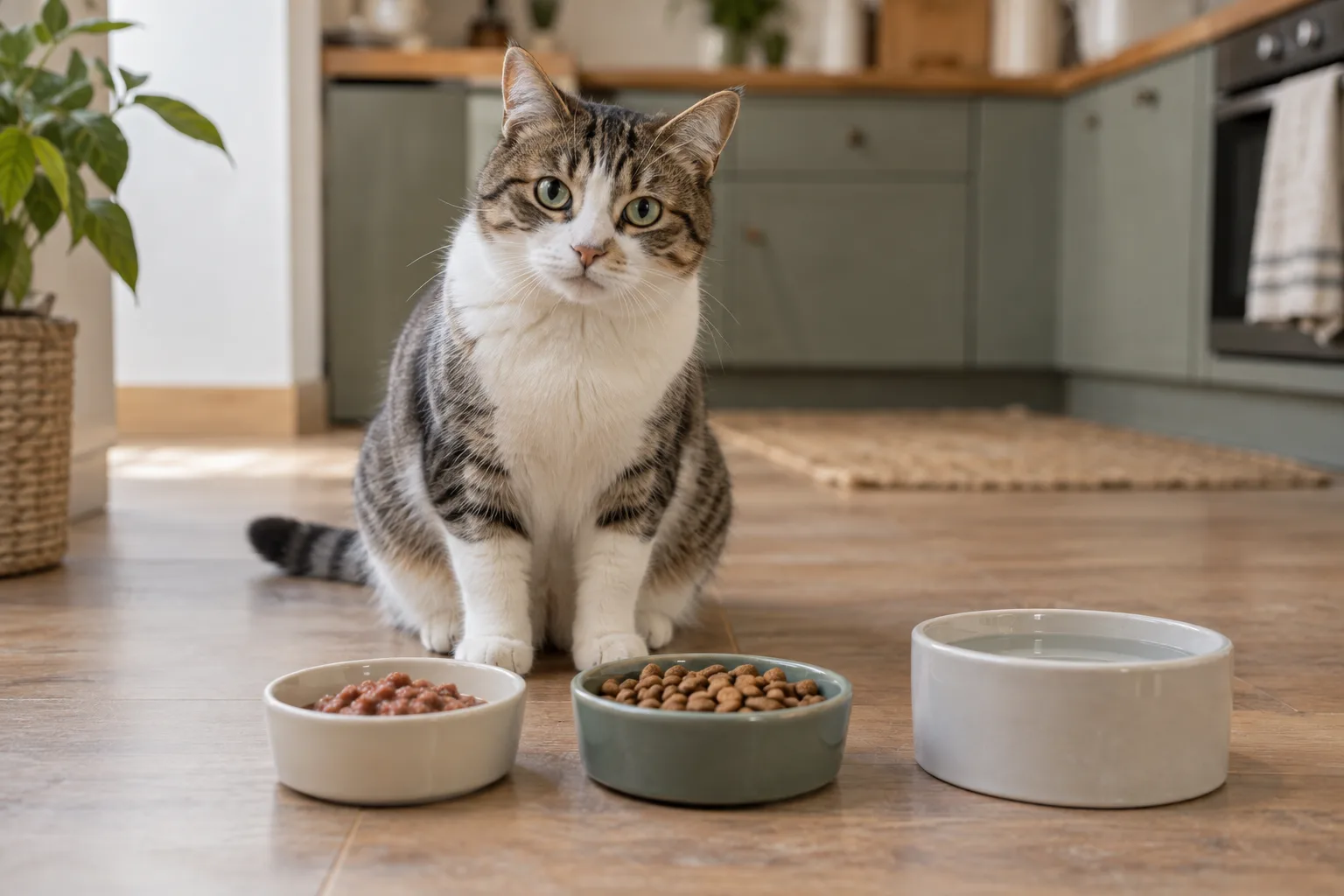 Gato junto a comida húmeda, pienso seco y un cuenco de agua.
