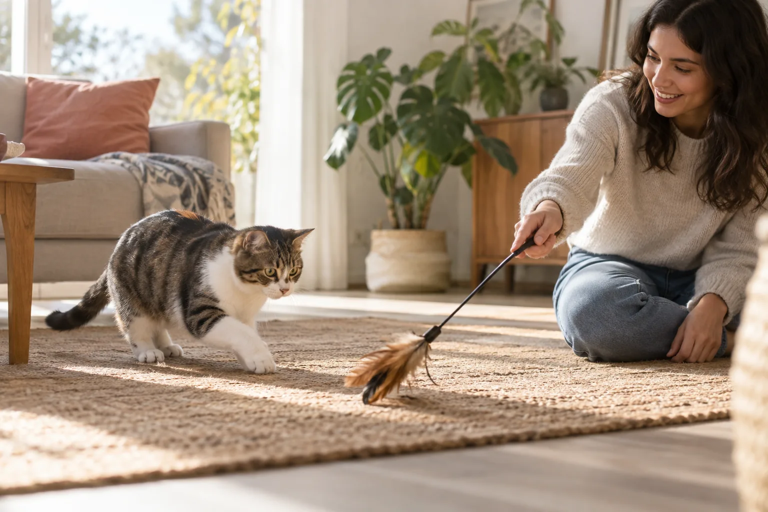 Persona jugando con un gato mediante una caña de plumas a una distancia segura.