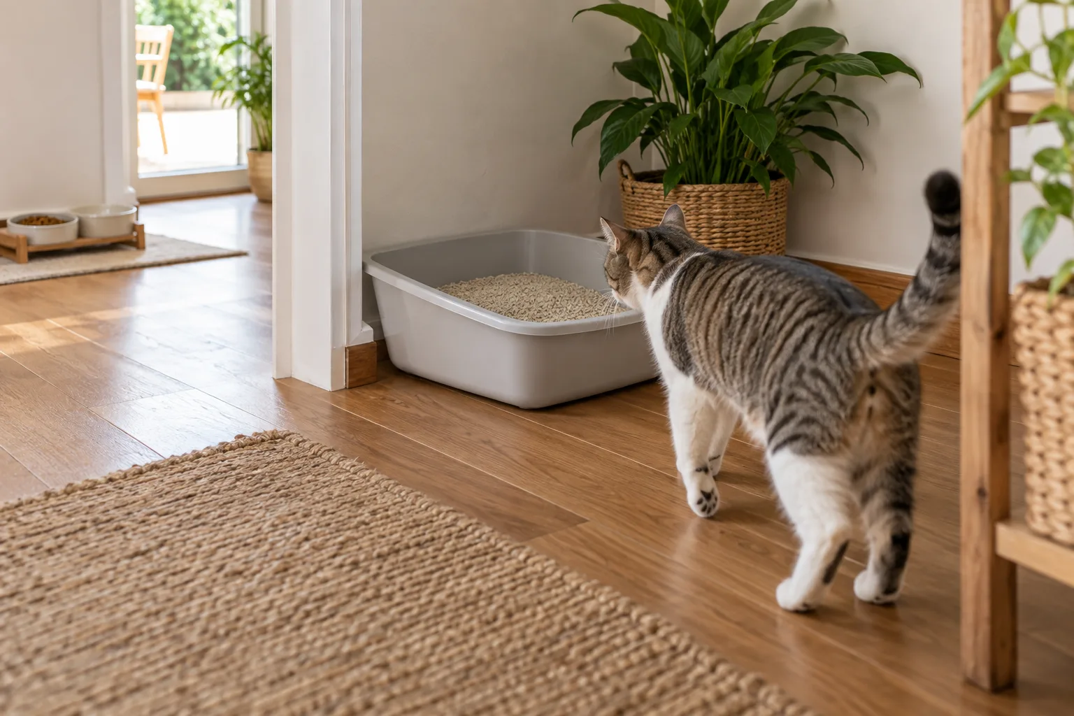 Arenero para gato colocado en un rincón accesible y alejado de su comida.