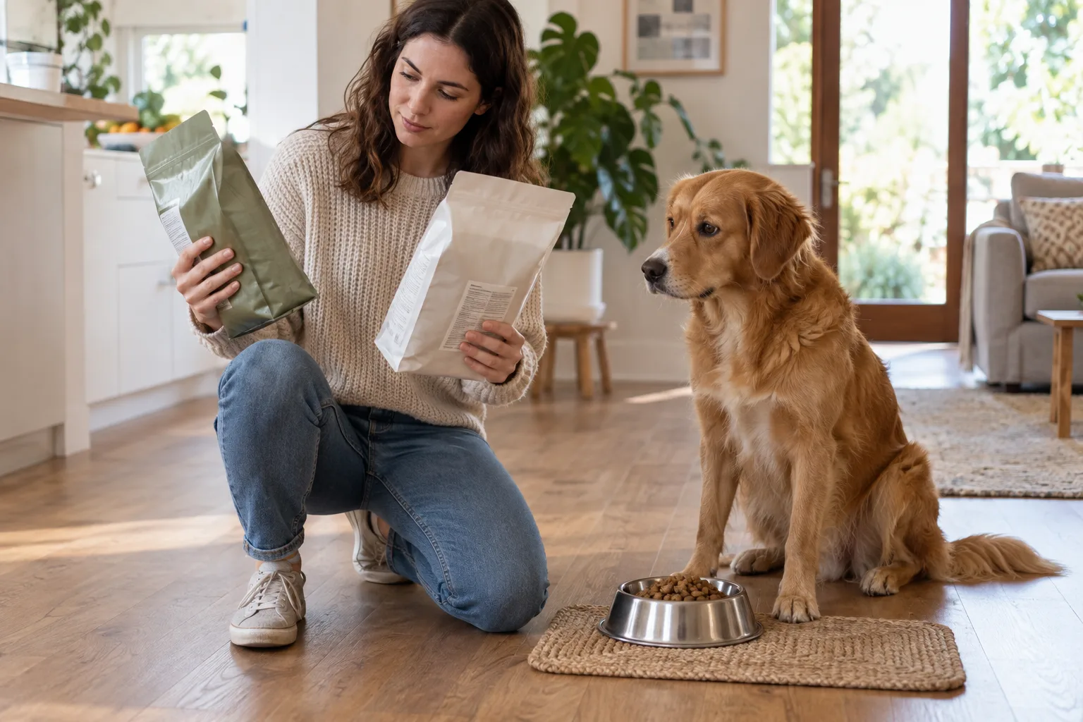 Persona comparando etiquetas de alimentos completos para elegir la comida de su perro.