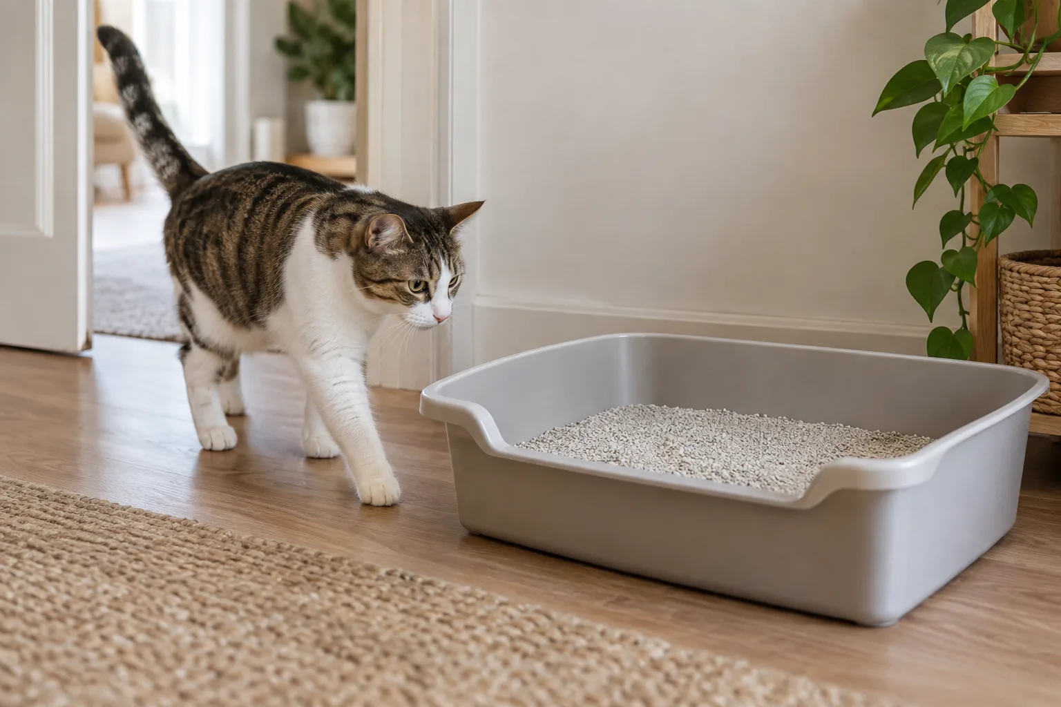 Gato acercándose a un arenero amplio y limpio en una zona tranquila.