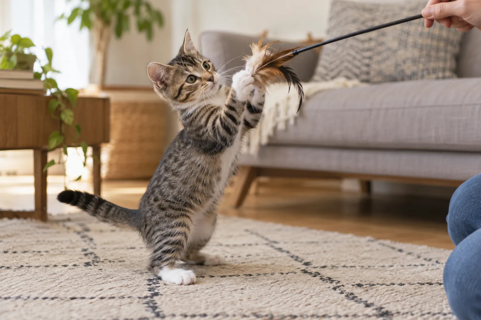 Gato joven jugando con una caña de juguete en vez de morder las manos.