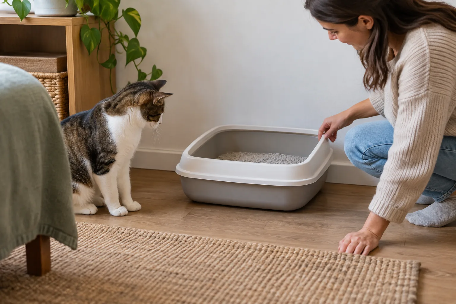 Persona revisando el arenero limpio de un gato que ha dejado de usarlo.