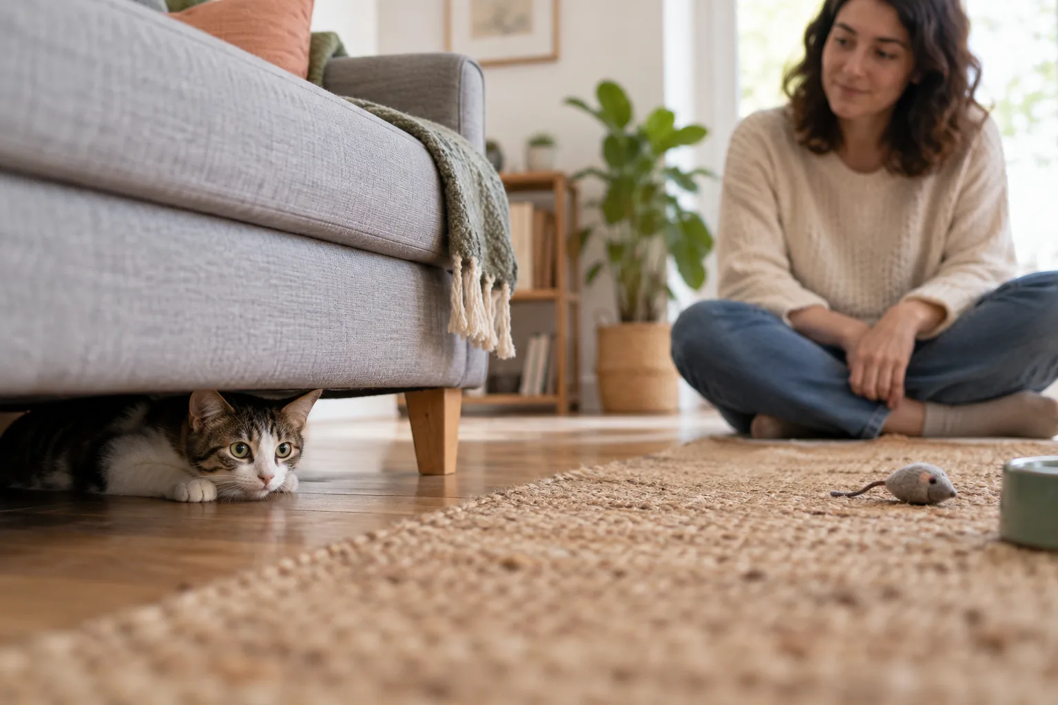 Gato nuevo observando desde un escondite mientras una persona le da espacio.