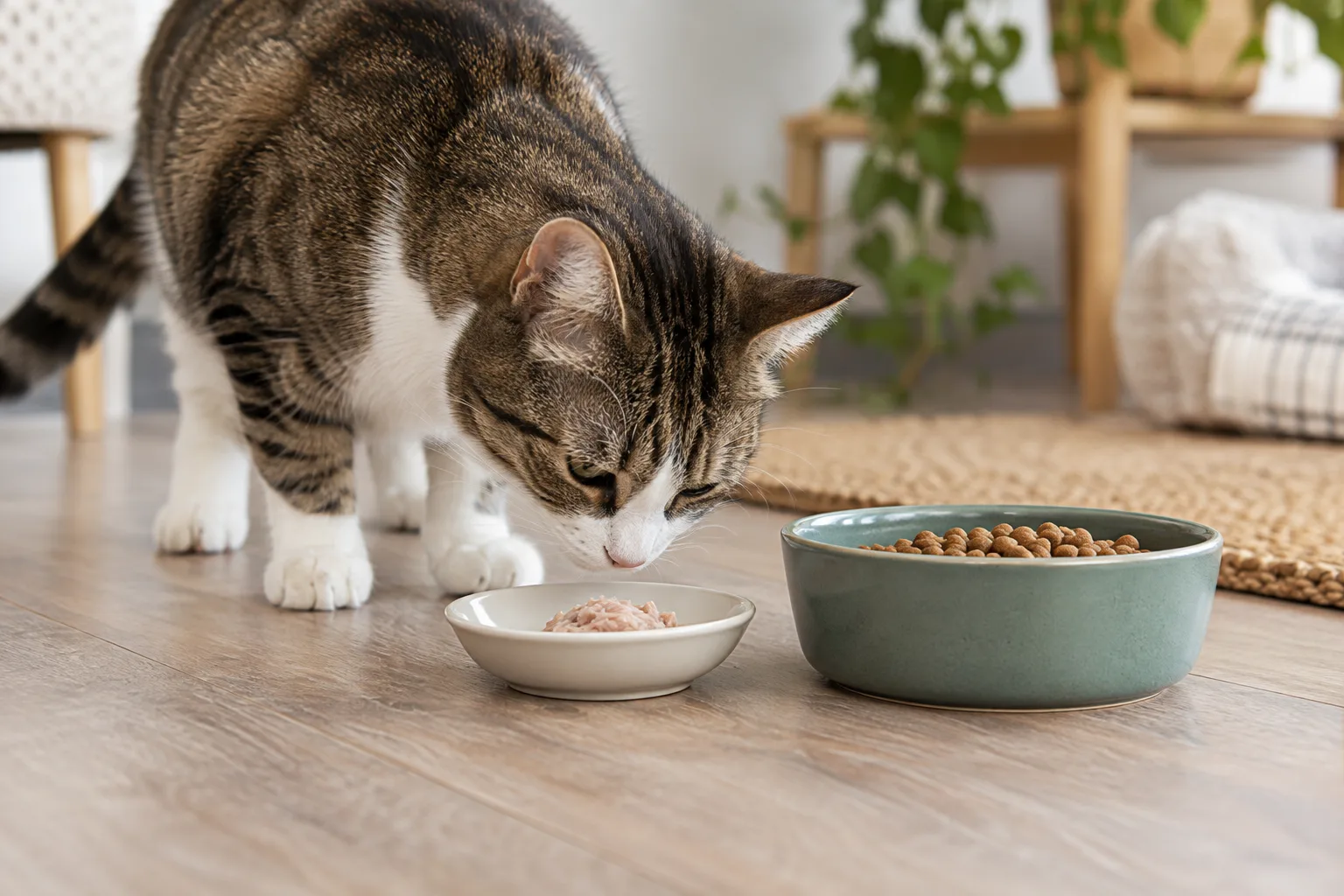 Gato olfateando una pequeña porción de atún junto a su comida habitual.