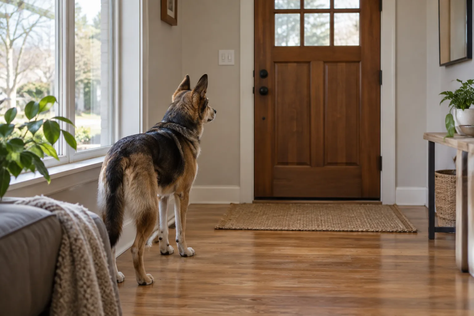 Perro atento cerca de la puerta de casa mientras permanece solo.