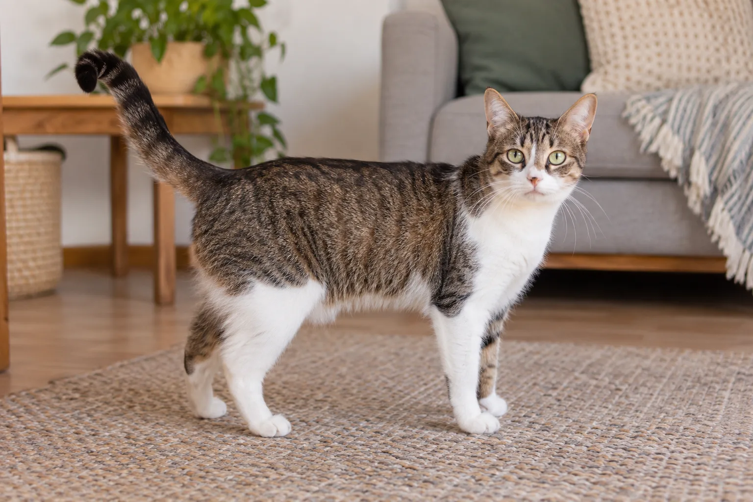 Gato en casa mostrando orejas, mirada, postura y cola para interpretar su lenguaje corporal.