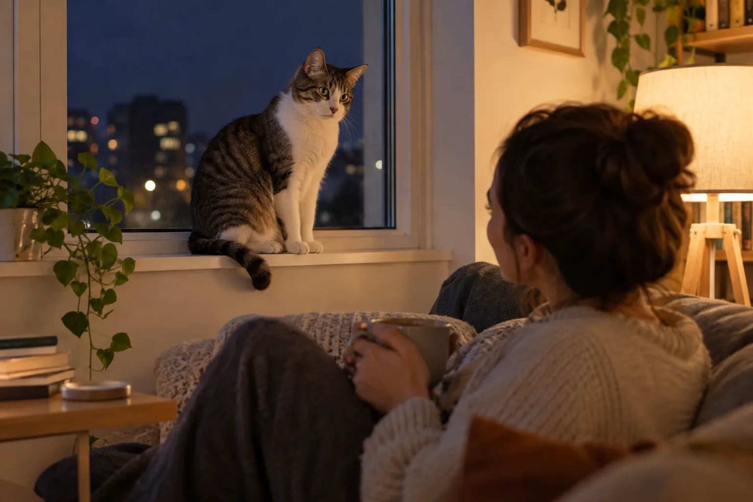 Gato despierto junto a una ventana por la noche mientras observa a su cuidador.