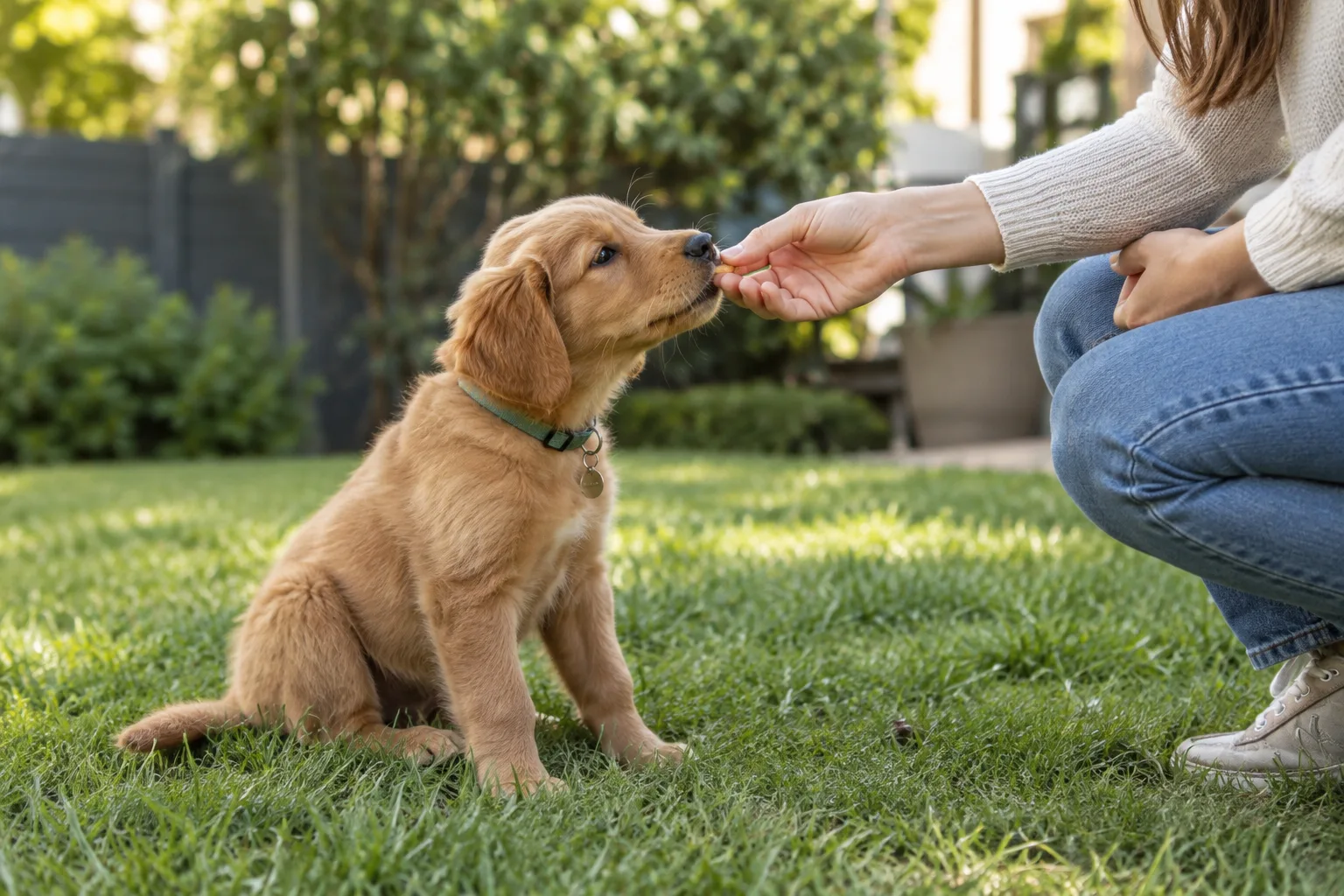 Cachorro recibiendo un premio en el exterior tras aprender dónde hacer sus necesidades.
