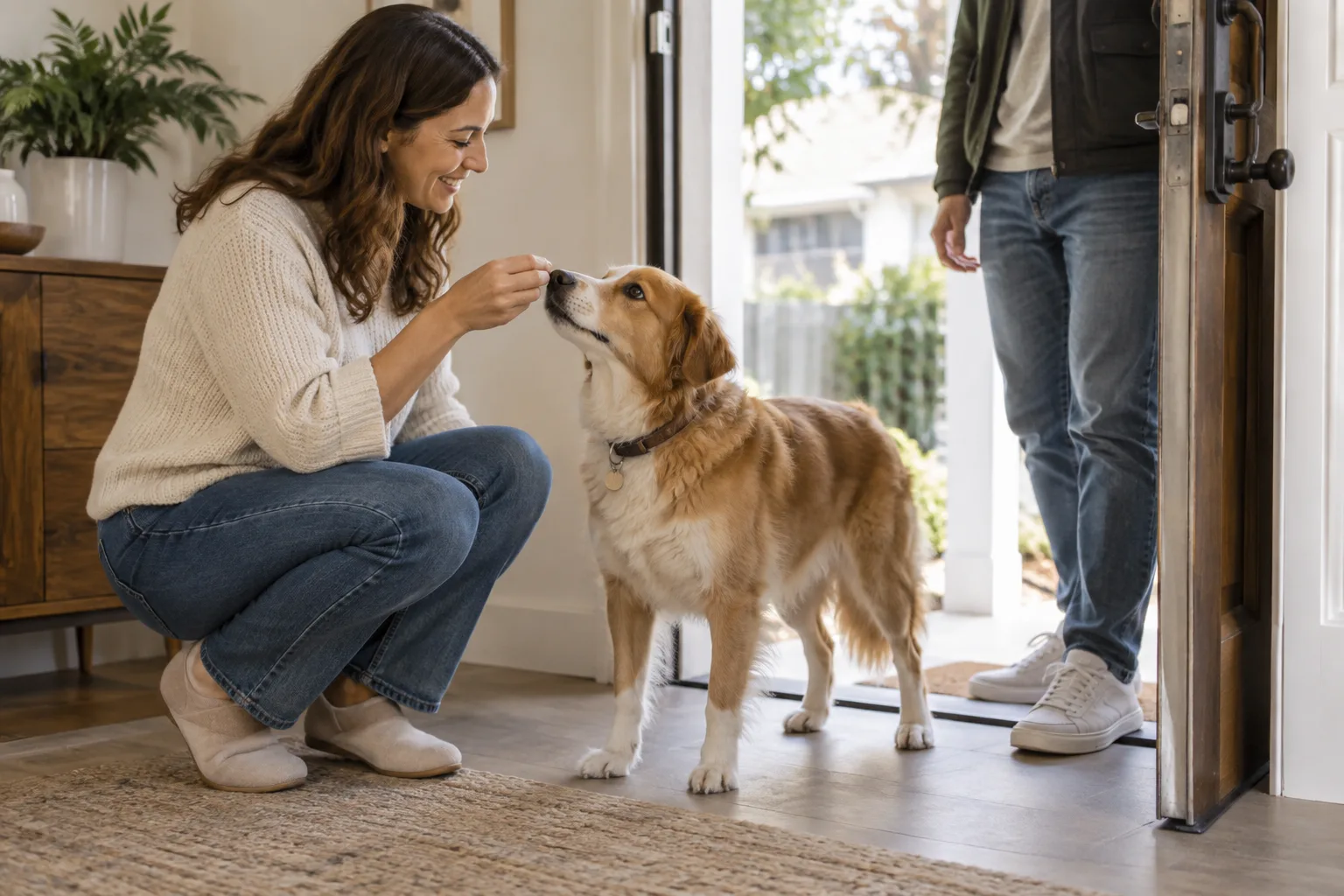 Perro saludando a una visita con las cuatro patas en el suelo.