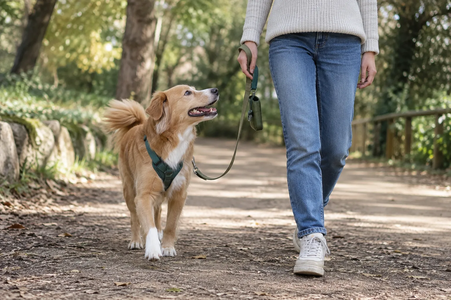 Perro caminando junto a una persona con la correa floja durante un paseo.