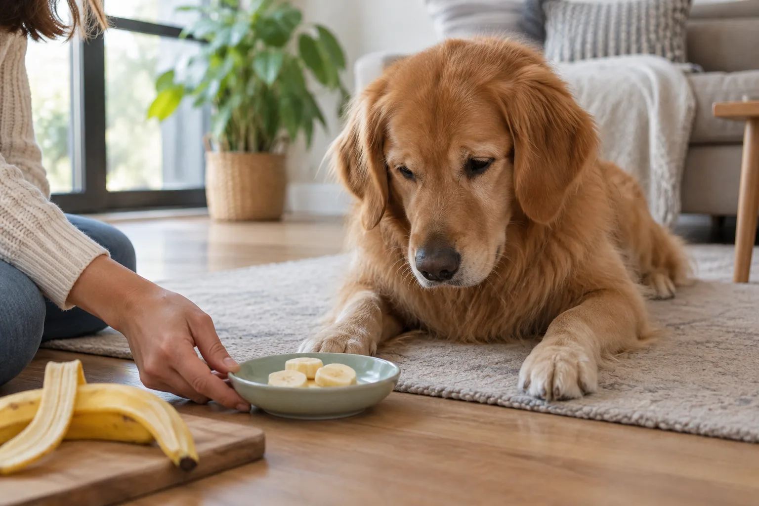 Perro observando unos pequeños trozos de plátano pelado en un cuenco.