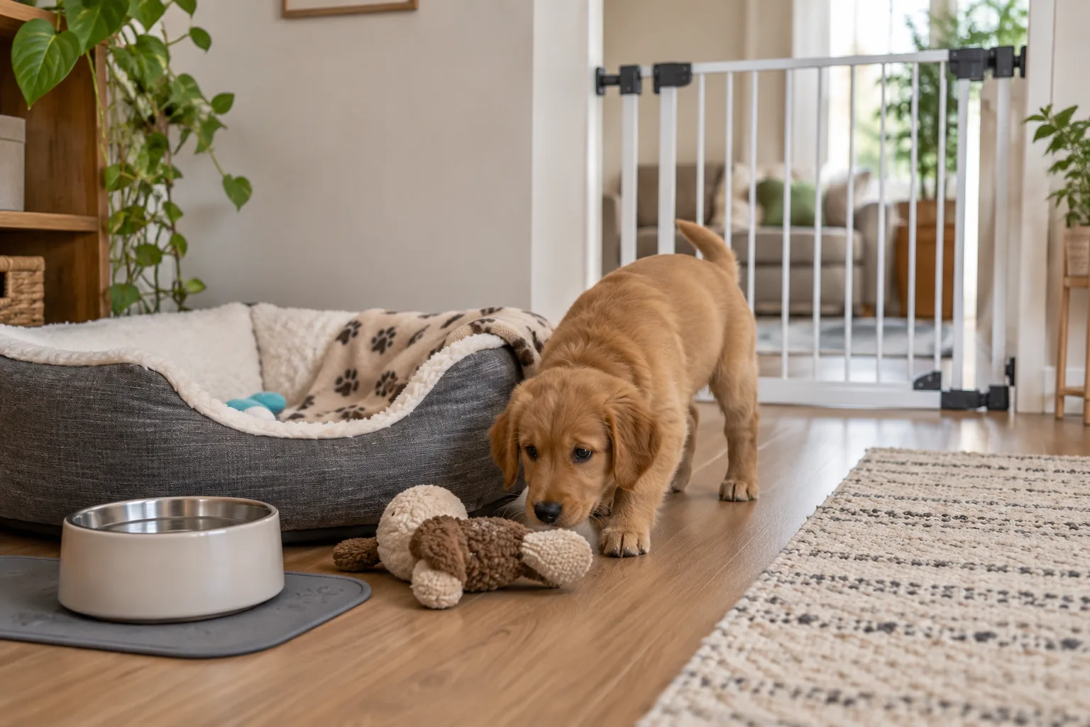 Cachorro explorando una zona segura de casa con cama, juguete y agua.