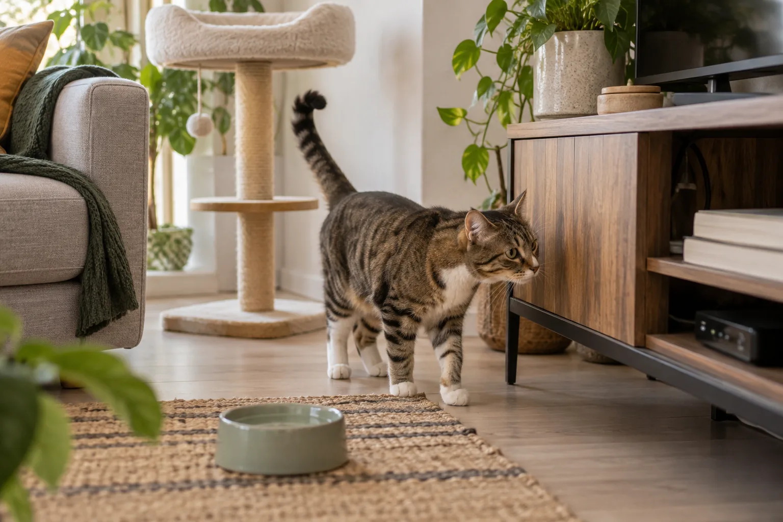 Gato explorando una casa preparada con rascador, agua y lugares altos.