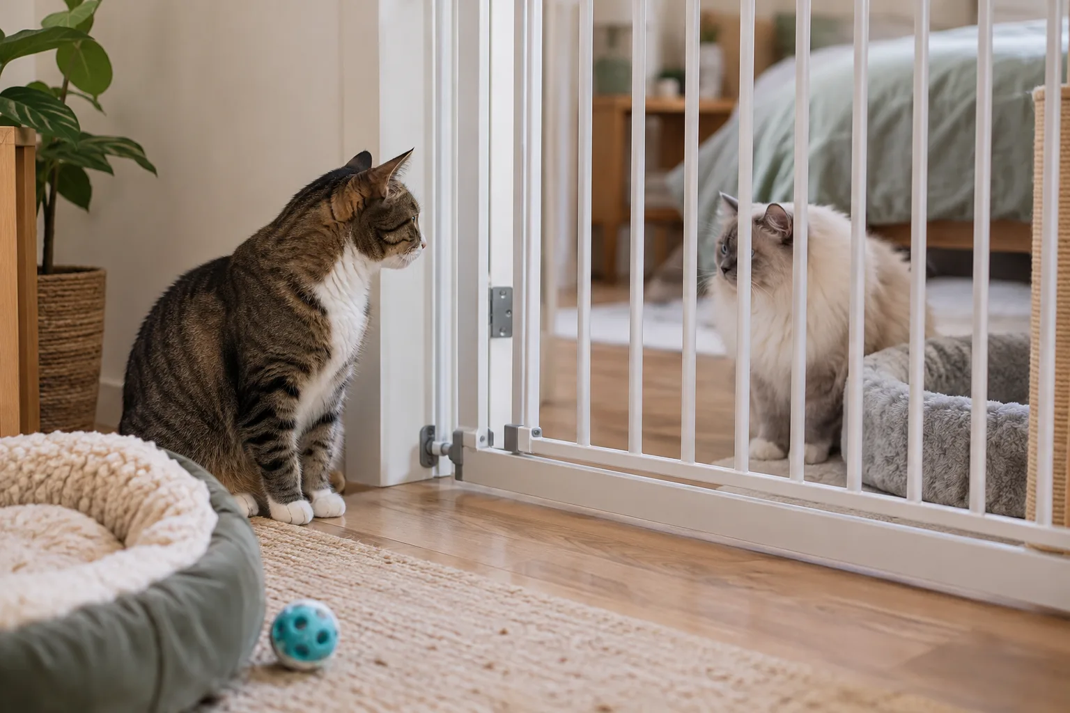 Dos gatos se observan a distancia a través de una barrera durante su presentación gradual.