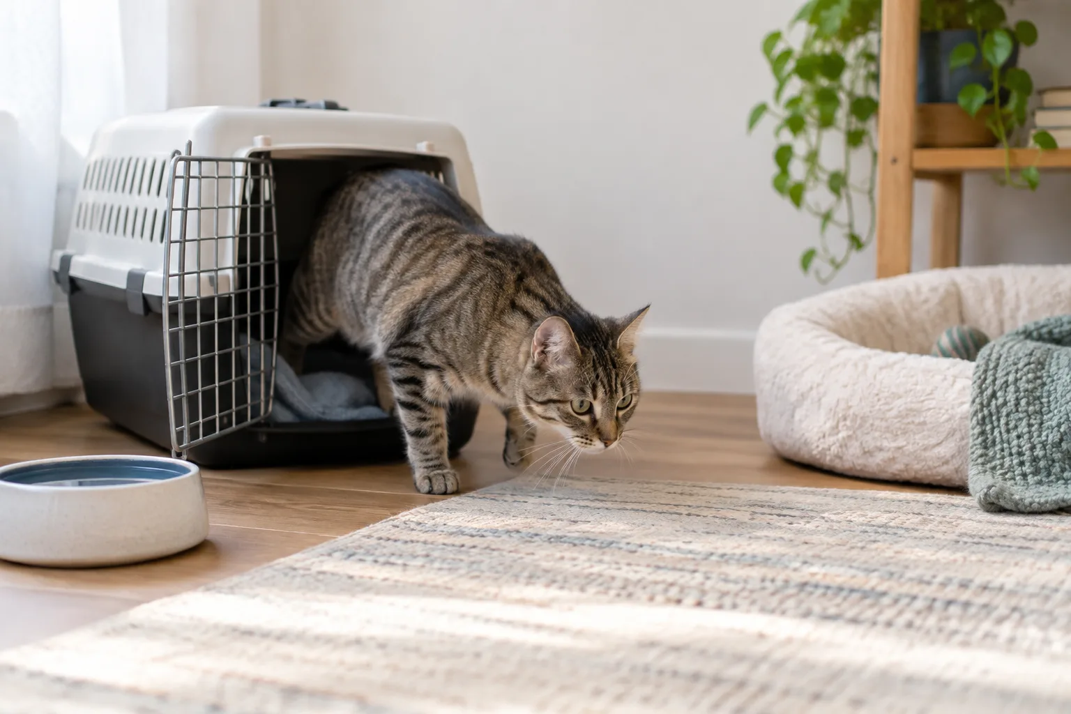 Gato atigrado recién adoptado saliendo de su transportín en una habitación tranquila.
