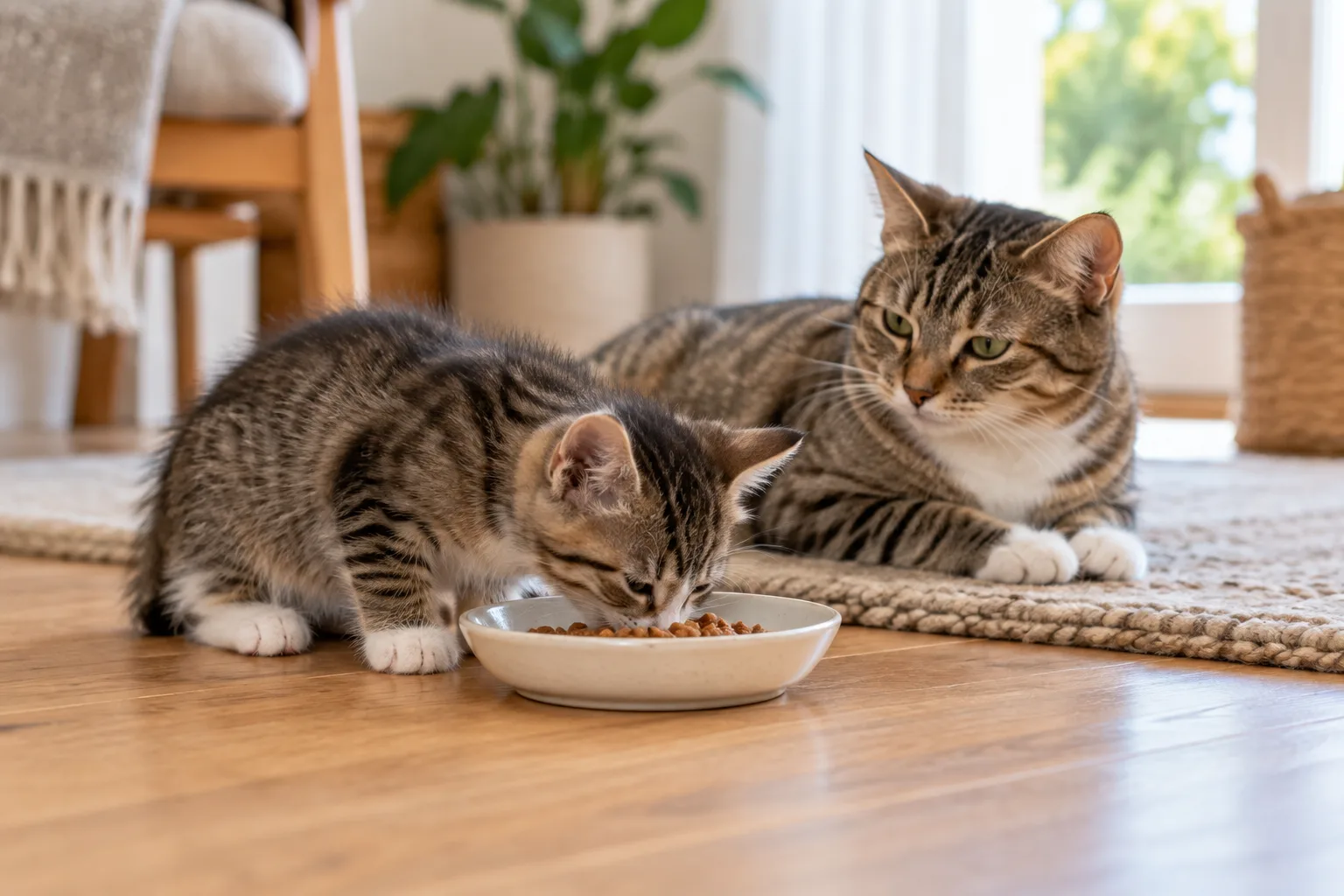 Gatito destetado comiendo alimento adecuado para su edad junto a su madre.