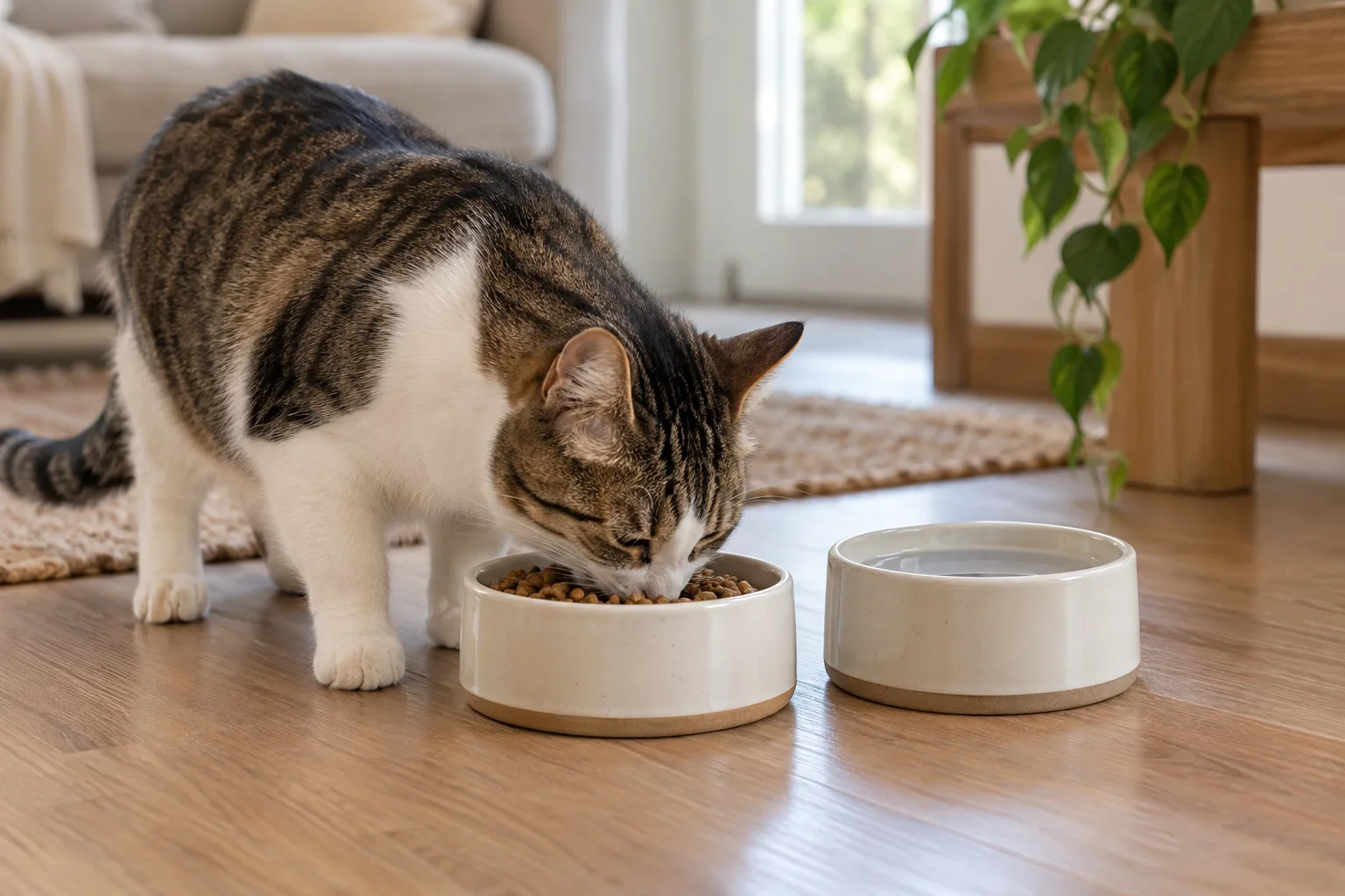 Gato adulto comiendo alimento completo para gatos junto a un cuenco de agua.