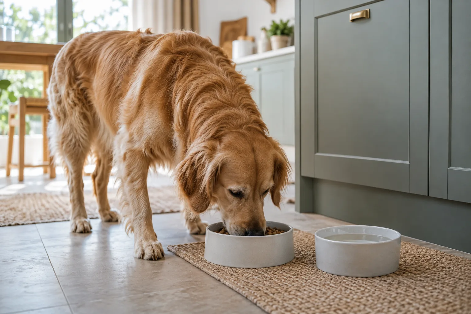 Perro adulto comiendo alimento completo para perros junto a agua fresca.