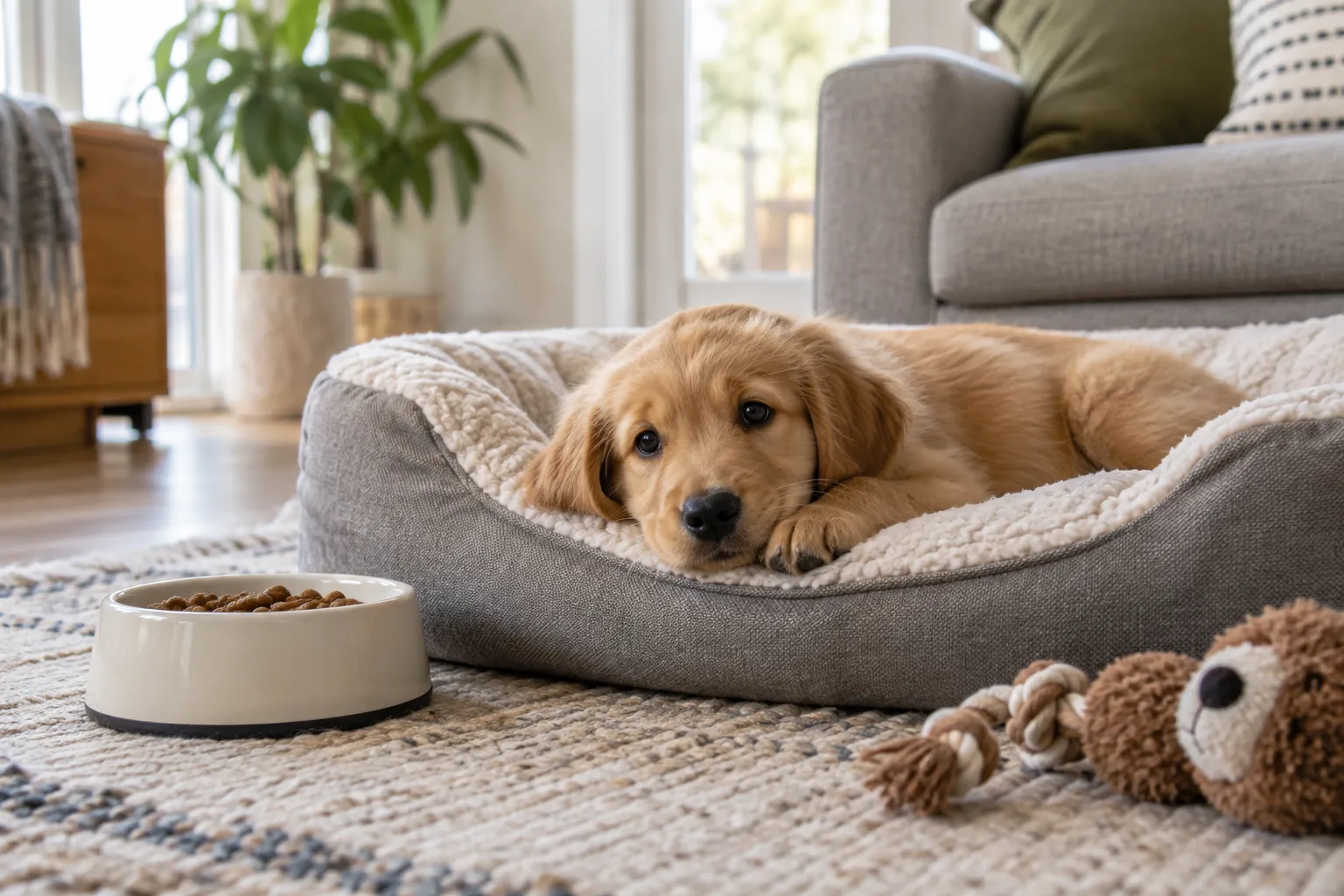 Cachorro descansando después de jugar junto a su cama y sus objetos cotidianos.