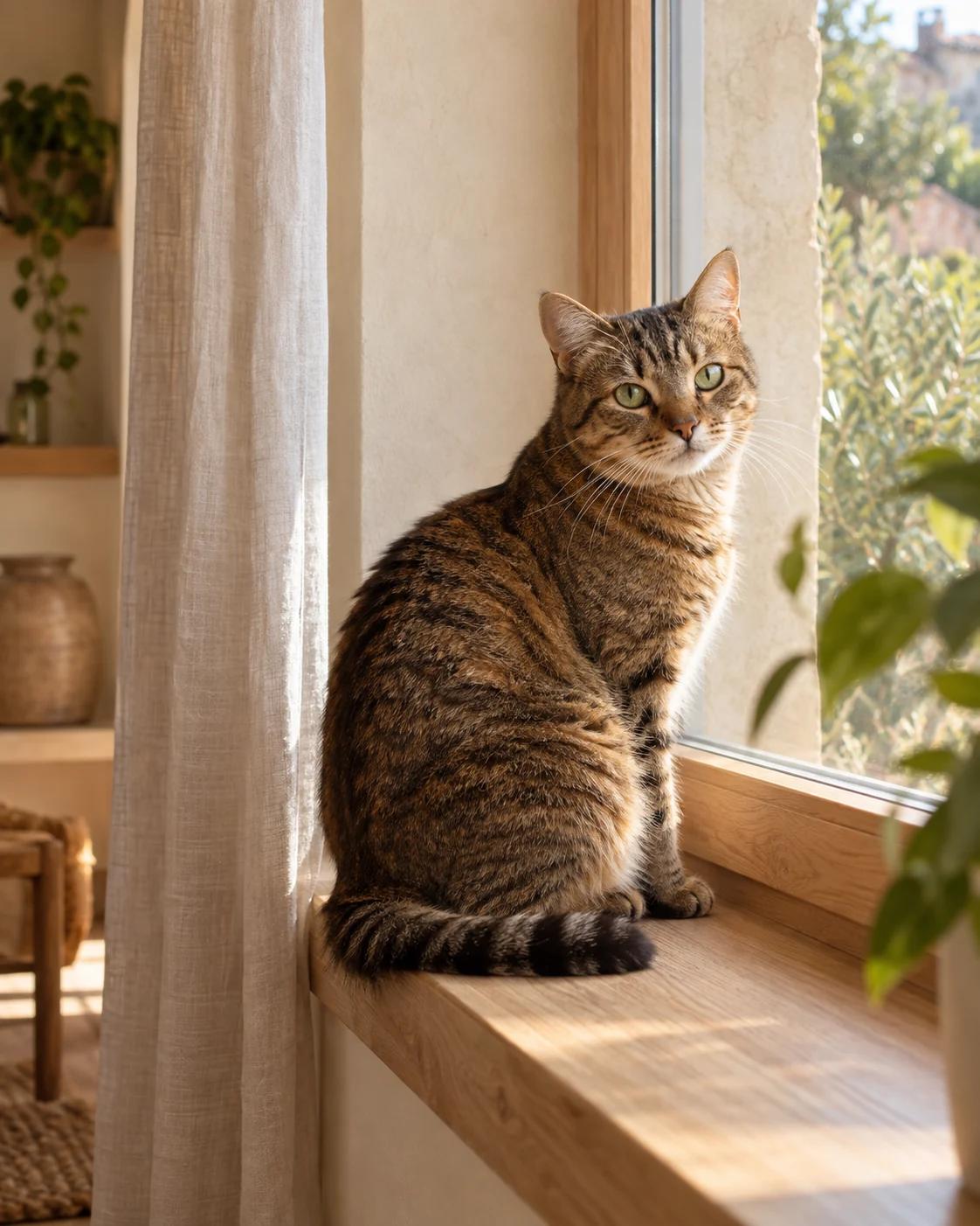 Gato atigrado junto a una ventana