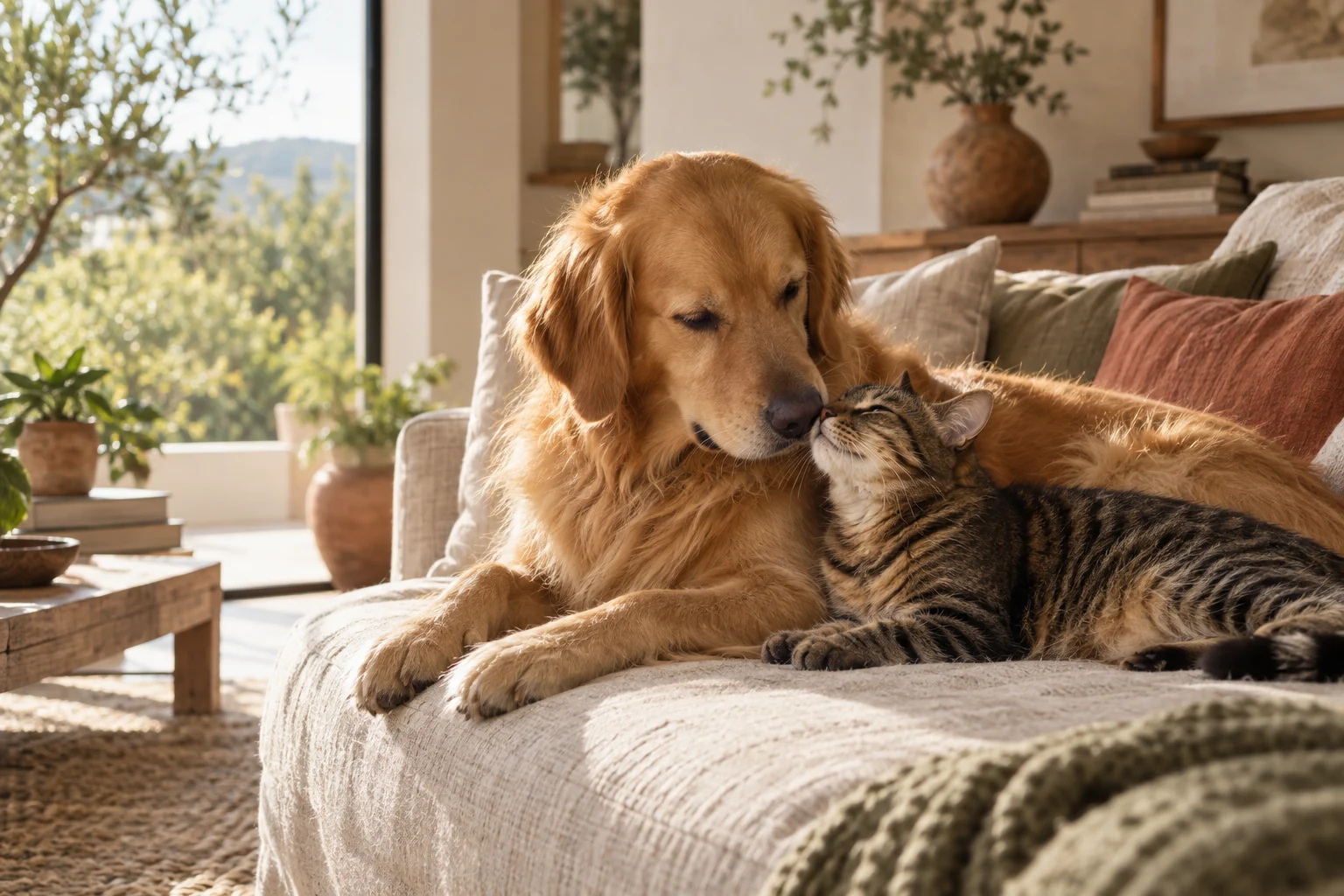 Un gato y un perro descansan juntos en casa